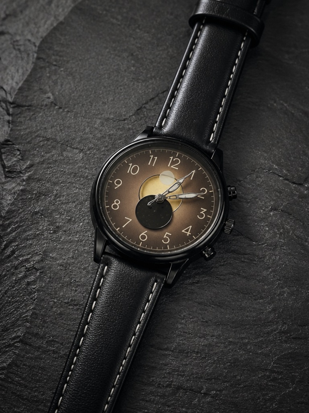 Men's Black Leather Strap Watch with Brown Gradient Dial